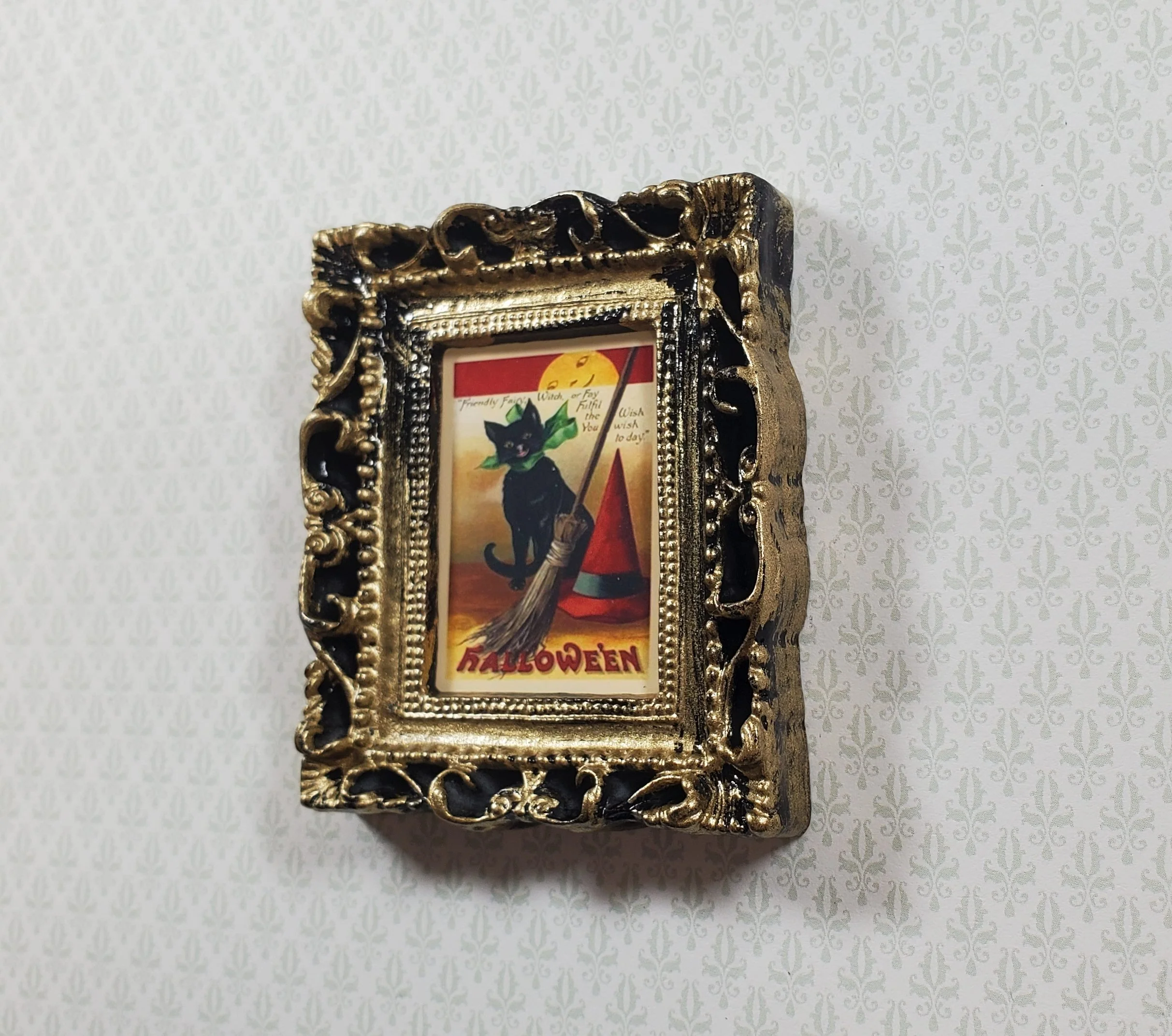 Miniature Vintage Black Cat Halloween Framed Print 1:12 Scale Witch House - Image 2