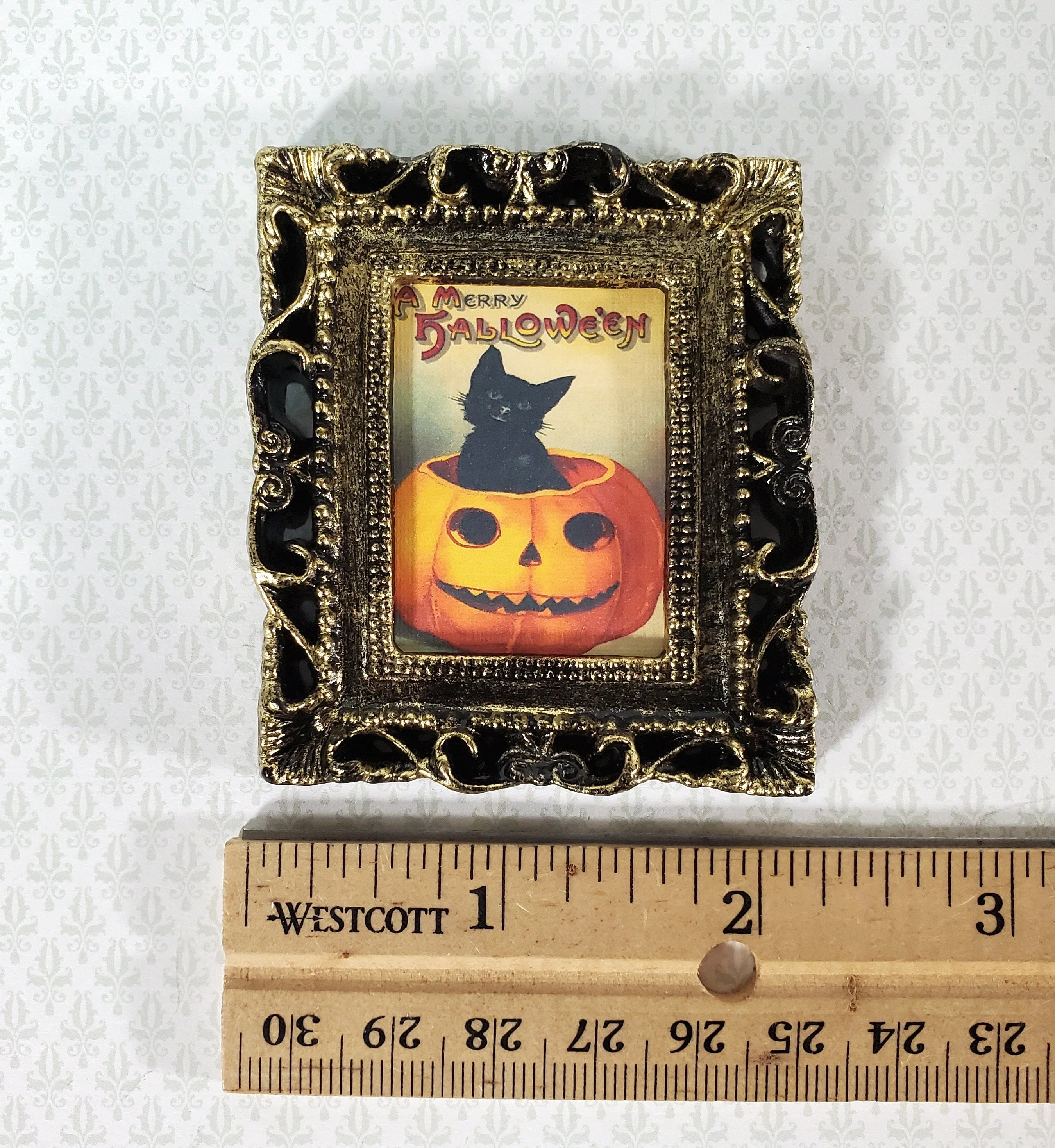 Miniature Vintage Black Cat in Pumpkin Halloween Framed Print 1:12 Scale Witch House - Image 3