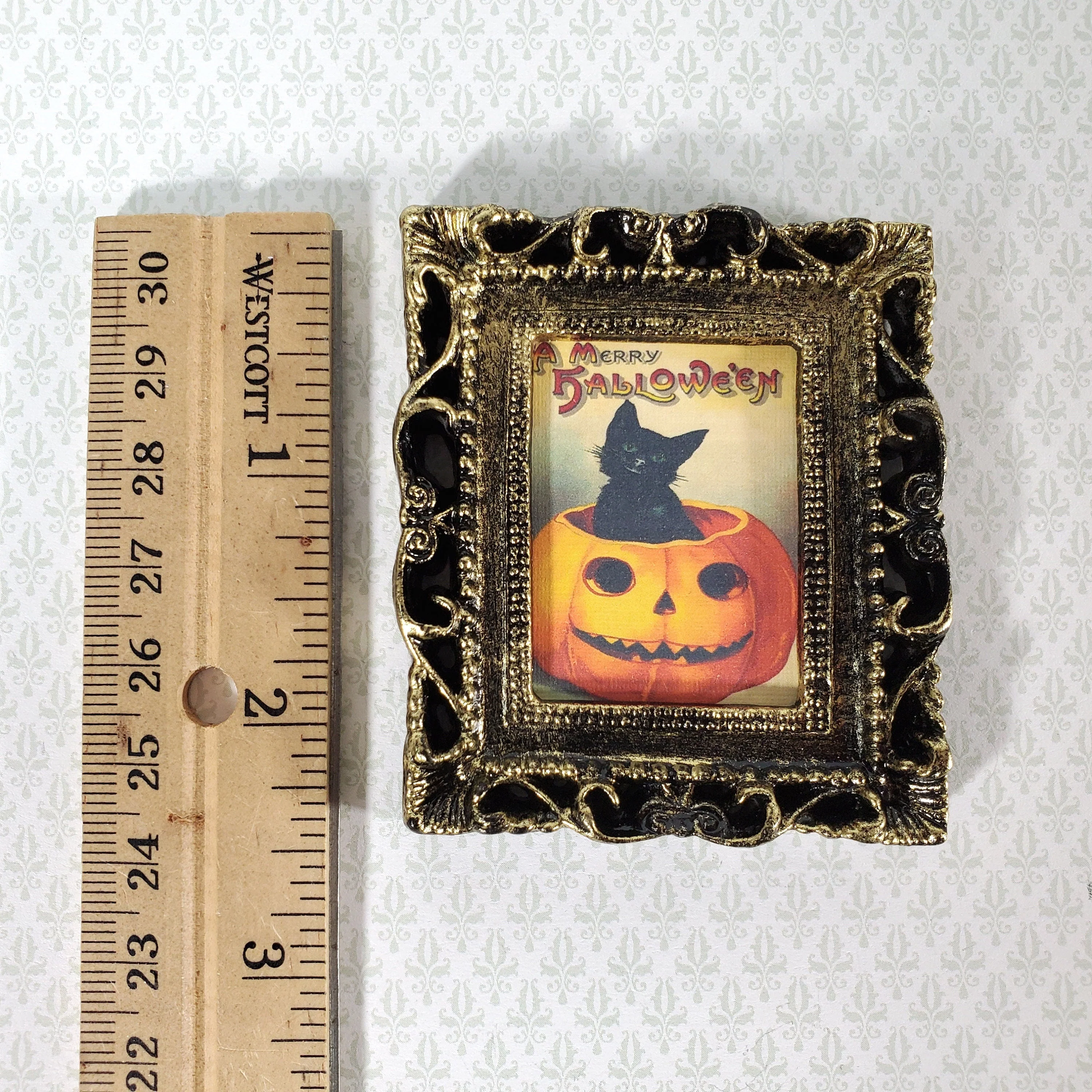 Miniature Vintage Black Cat in Pumpkin Halloween Framed Print 1:12 Scale Witch House - Image 4