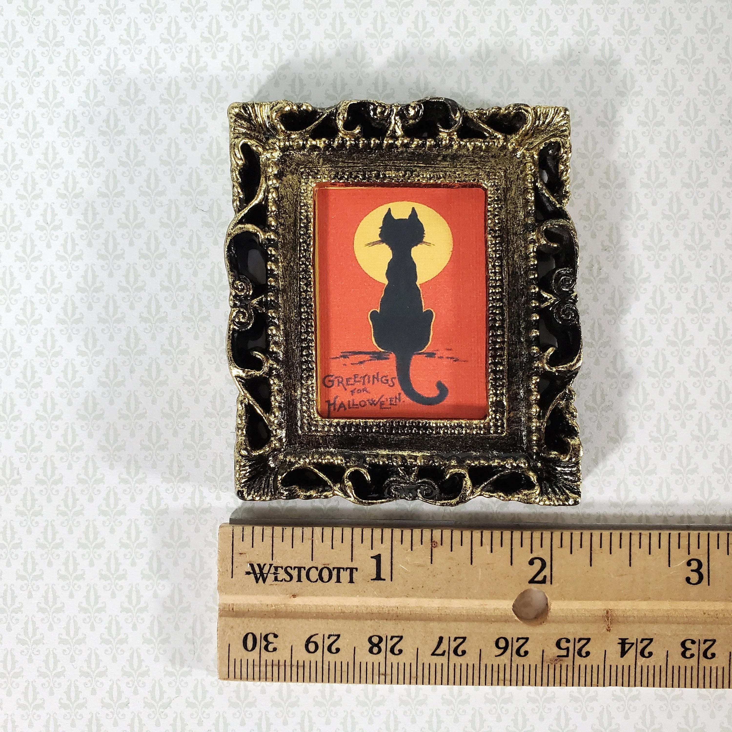 Miniature Vintage Black Cat with Moon Halloween Framed Print 1:12 Scale Witch House - Image 3
