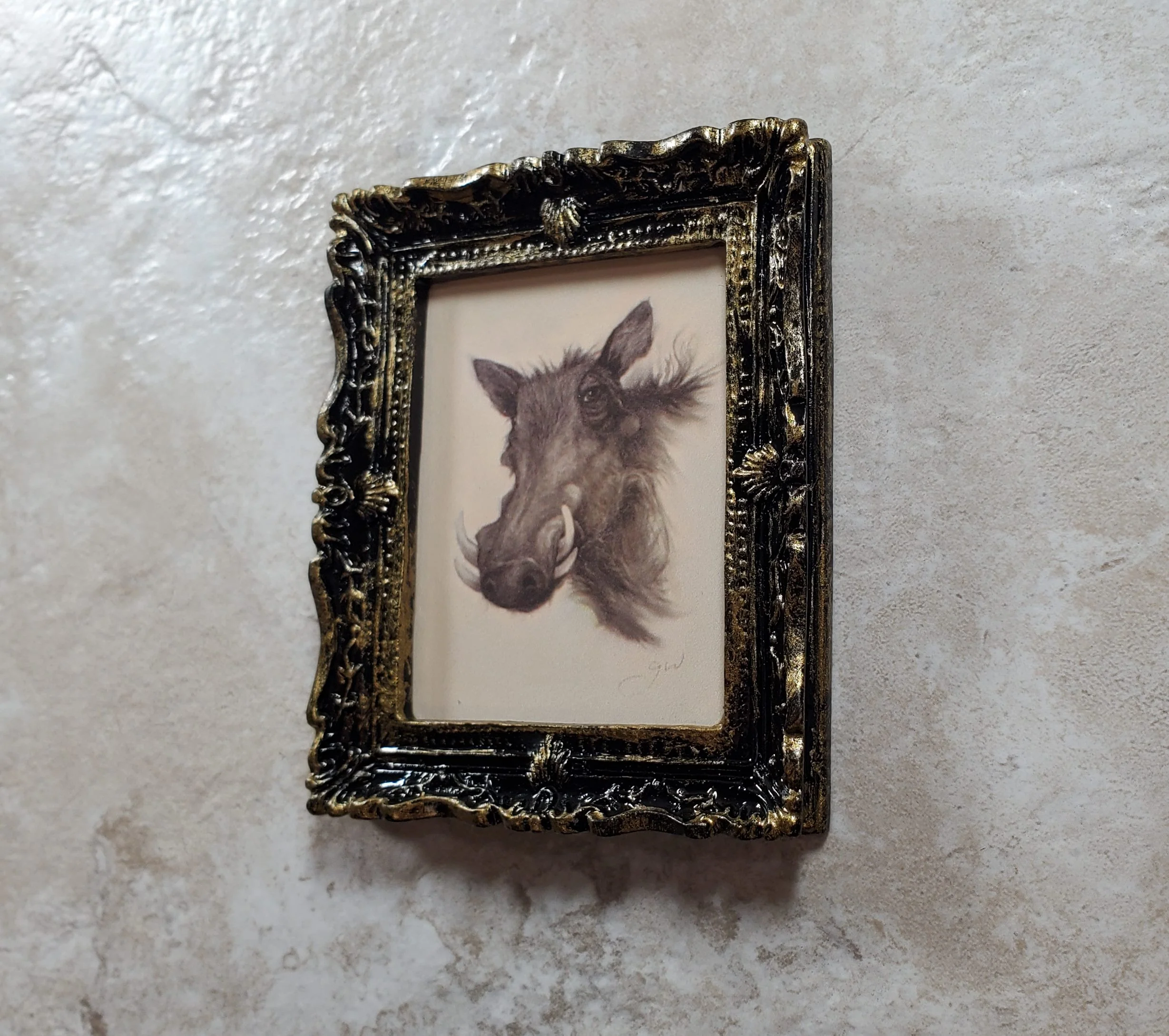 Miniature Warthog Framed Print from Original Charcoal 1:12 Scale Dollhouse - Image 2