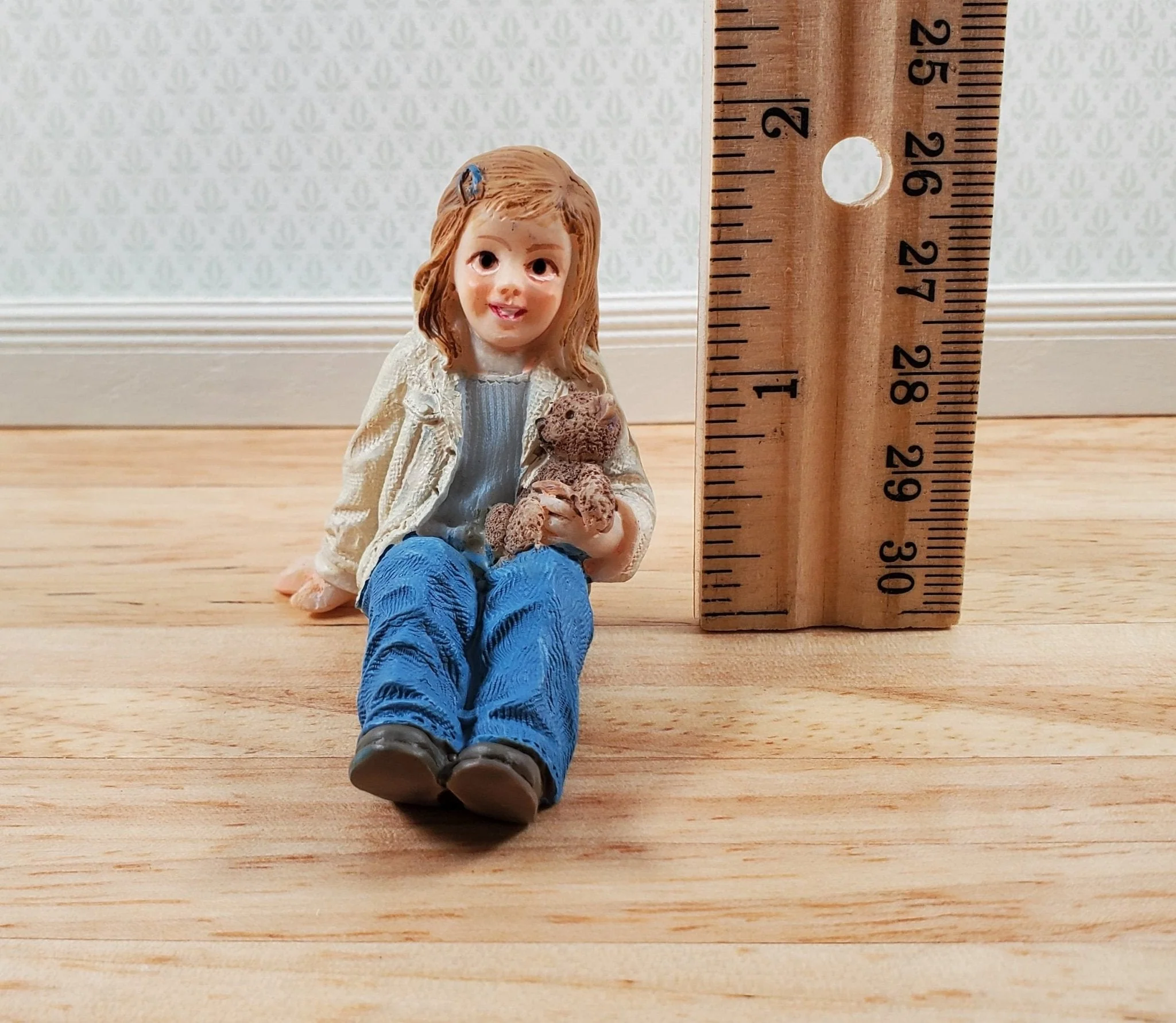 Modern Dollhouse Doll Girl with Teddy Bear Daughter Resin Laying Down 1:12 Scale - Image 4