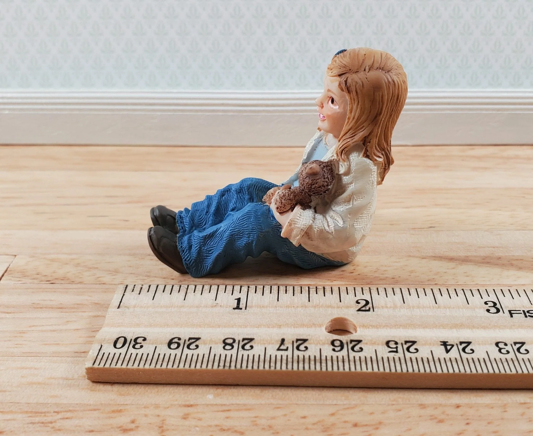 Modern Dollhouse Doll Girl with Teddy Bear Daughter Resin Laying Down 1:12 Scale - Image 5