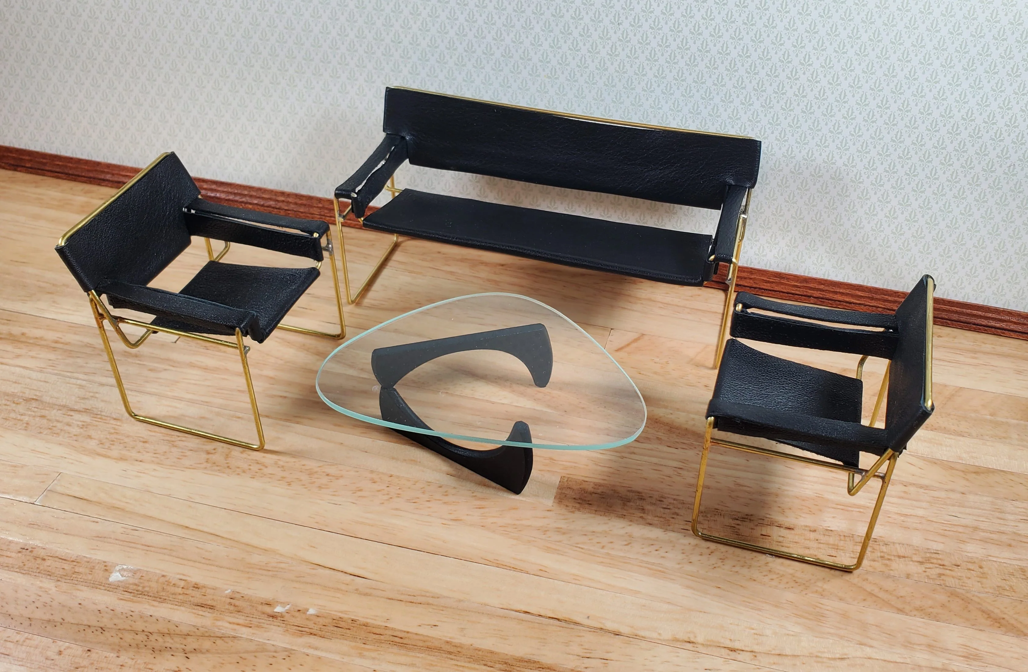 Modern Wassily Style Living Room Set Sofa 2 Chairs Coffee Table Black Leather by Warren Richardson - Image 2