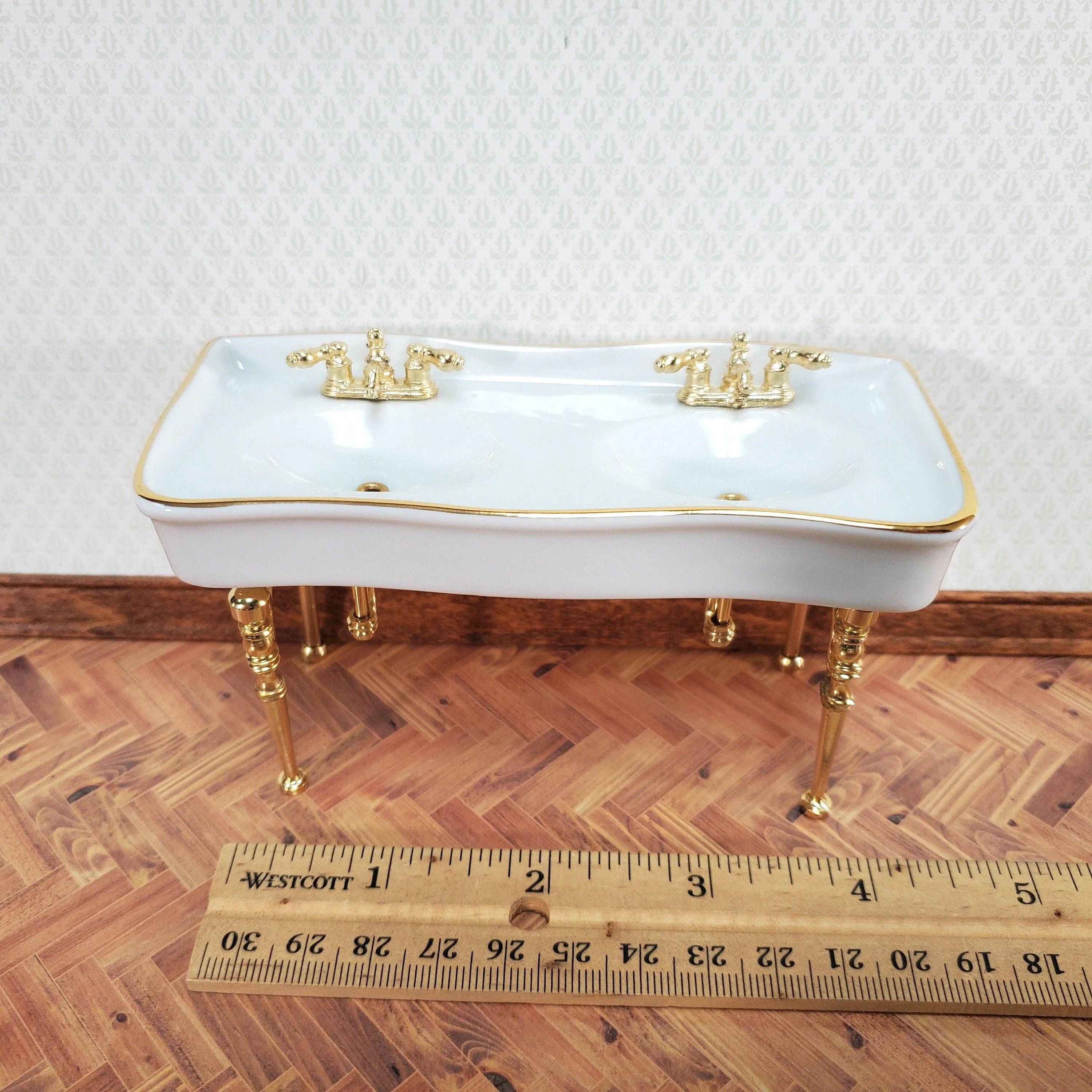 Reutter Porcelain Dollhouse Double Sink White Gold Bathroom 1:12 Scale Miniature - Image 5