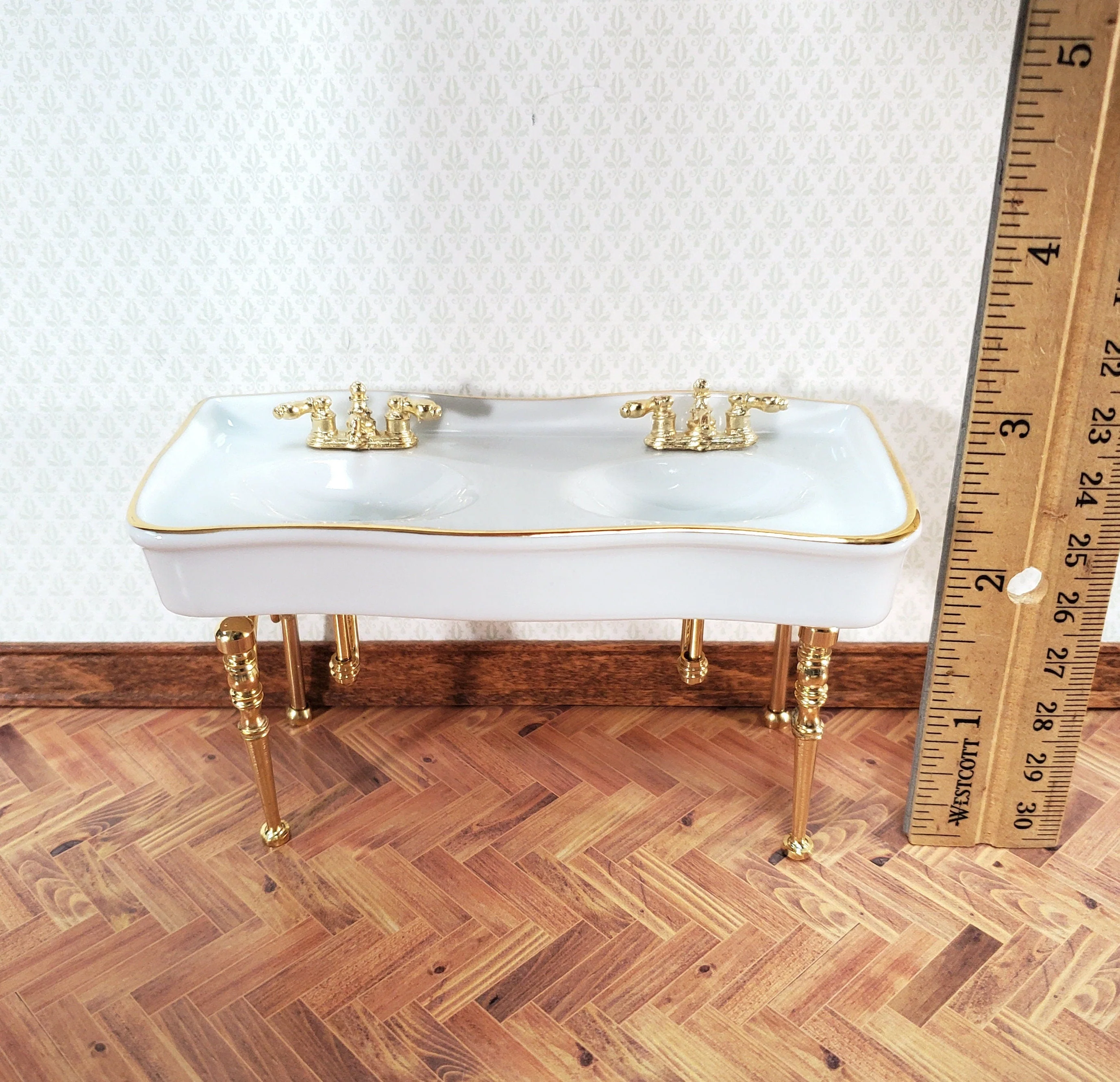 Reutter Porcelain Dollhouse Double Sink White Gold Bathroom 1:12 Scale Miniature - Image 6