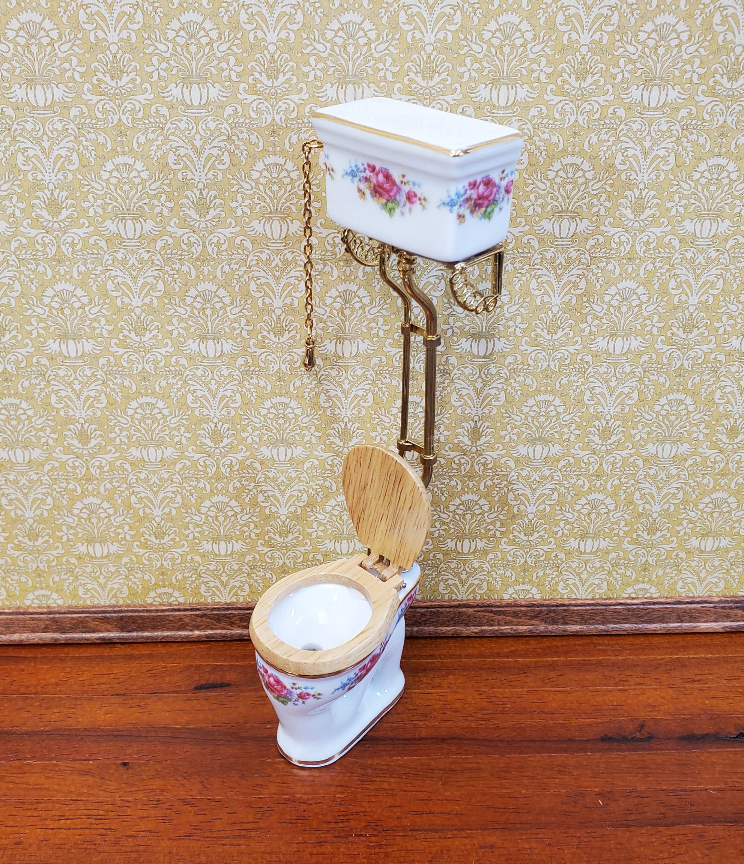 Reutter's Dollhouse Toilet High Tank Vintage Style Porcelain 1:12 Scale Dresden Rose Pattern - Image 3
