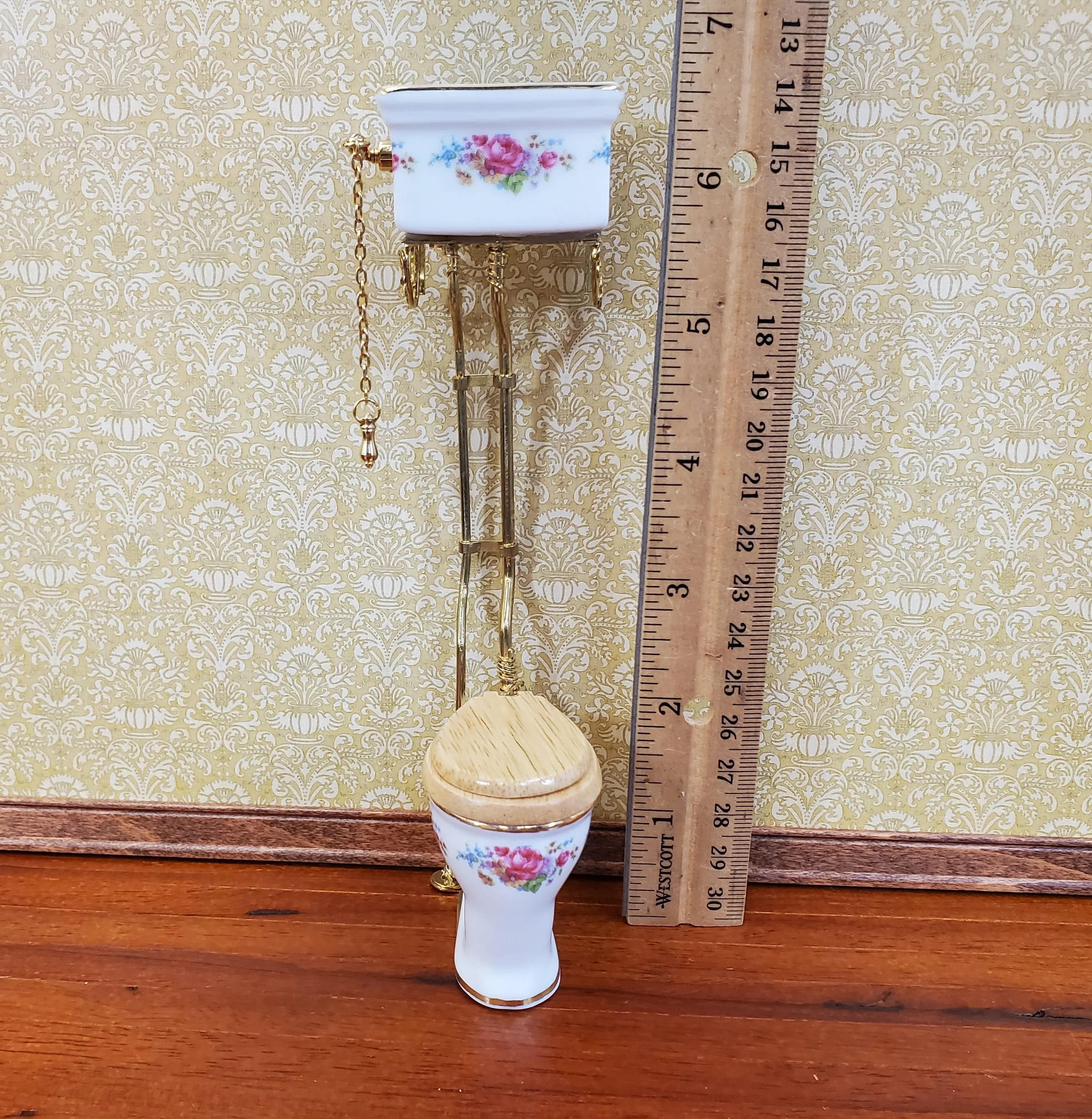 Reutter's Dollhouse Toilet High Tank Vintage Style Porcelain 1:12 Scale Dresden Rose Pattern - Image 4