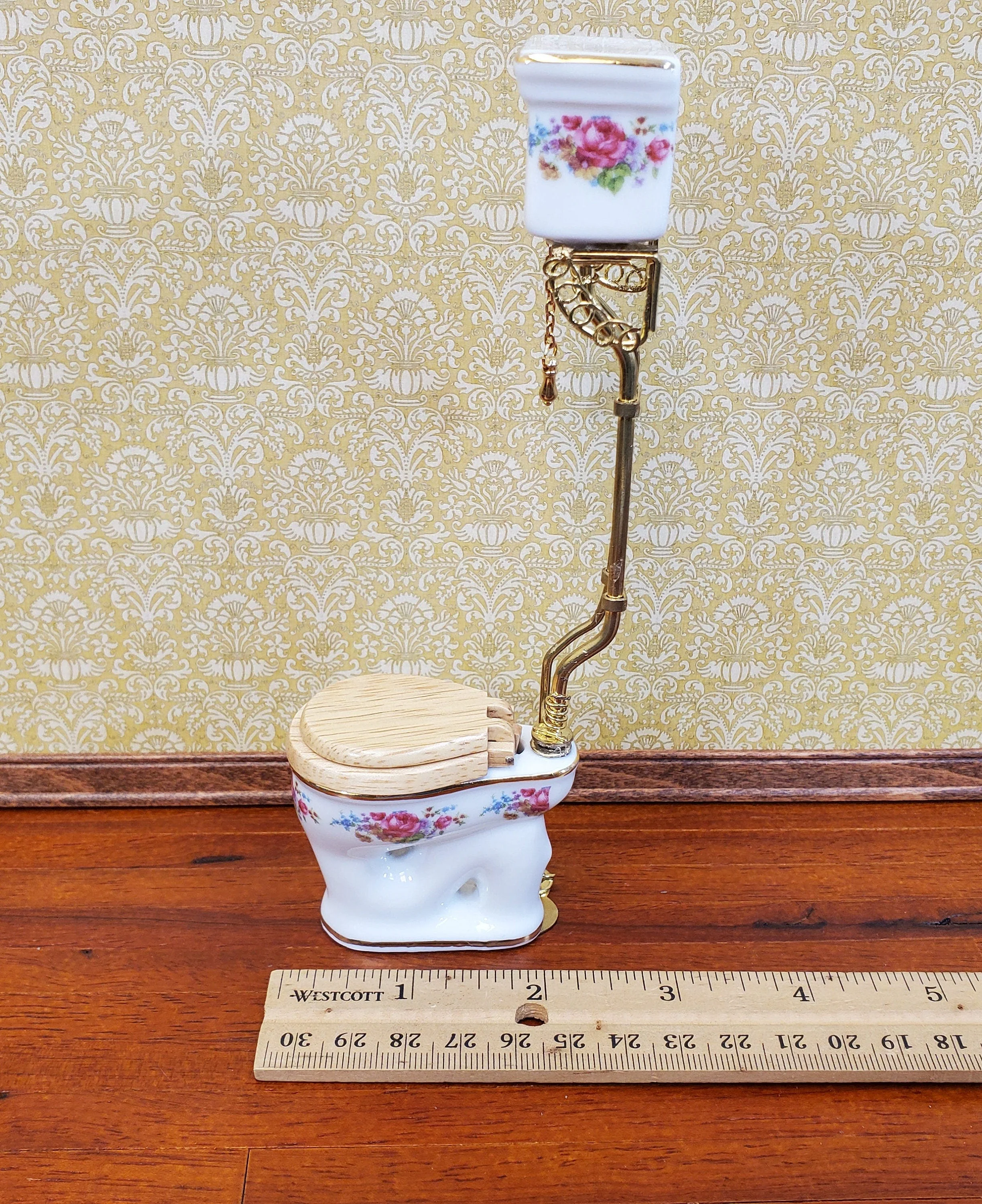 Reutter's Dollhouse Toilet High Tank Vintage Style Porcelain 1:12 Scale Dresden Rose Pattern - Image 5